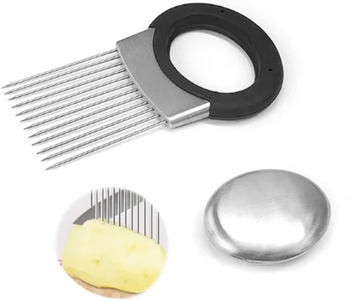 Cortador de cebolla de acero inoxidable, soporte de cebolla mejorado 2025 para rebanar, utensilios de cocina, picador de verduras para cortar limón,