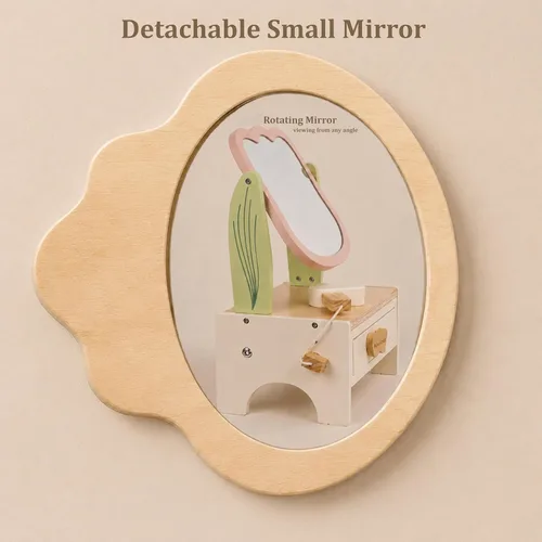 Miniatura 5 de Juego de maquillaje de madera para niños, juego de salón de belleza con espejo giratorio y espejo pequeño desmontable, juguetes de mesa de tocador