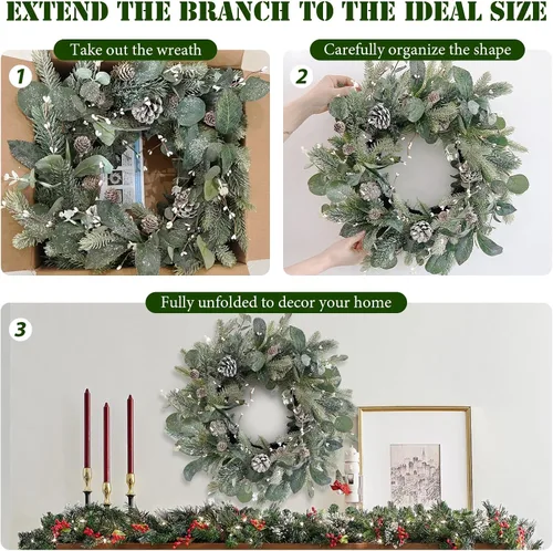 Miniatura 3 de Corona de invierno verde de 22 pulgadas, cono de pino artificial y corona de puerta delantera de acebo para decoración de Navidad de granja