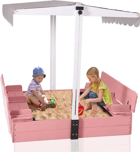 Miniatura 11 de GUTINNEEN Wooden Sandbox with 360° Adjustable Canopy, Outdoor Kids Sand Box with Foldable Benches, Sand Leak-Proof Liner, 47”Lx47”Wx52”H, Blue