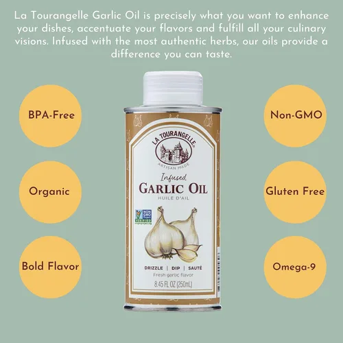 Miniatura 6 de La Tourangelle, Aceite de ajo, aceite alto en oleico para cocinar pastas, aderezos para ensalada, rociar sobre palomitas de maíz, aroma y sabor