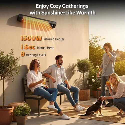 Miniatura 2 de Calentador eléctrico de pared para patio, calentador infrarrojo de 34 pulgadas y 1500 W con sensor de movimiento, IPX5 impermeable, 9 niveles