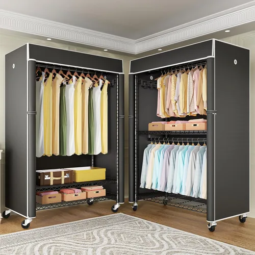 Miniatura 6 de FUTASSI Perchero negro con cubierta negra, armario con ruedas P1C Plus, perchero de metal para colgar ropa, armario de almacenamiento de ropa, 46