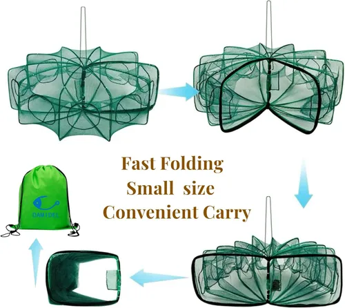 Miniatura 4 de Trampa de pesca plegable de 81cm x 25cm, redes de pesca con 10 agujeros y 10 lados para peces/cangrejos/camarones/cangrejos de río, espacio