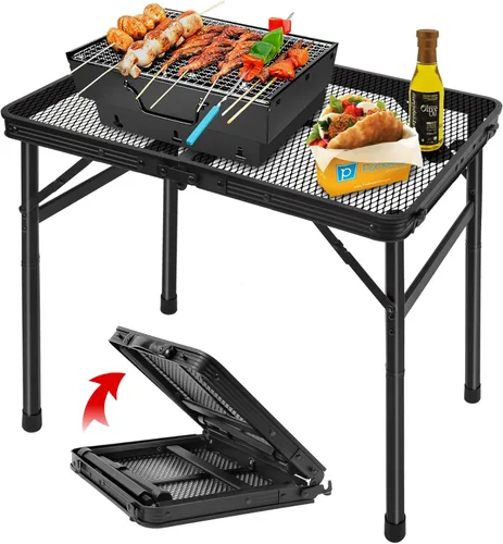 Miniatura 8 de Mesa de picnic de 2.5 pies con 2 paneles de alas, mesa plegable de malla de metal para parrilla plegable de altura ajustable, ligera y portátil