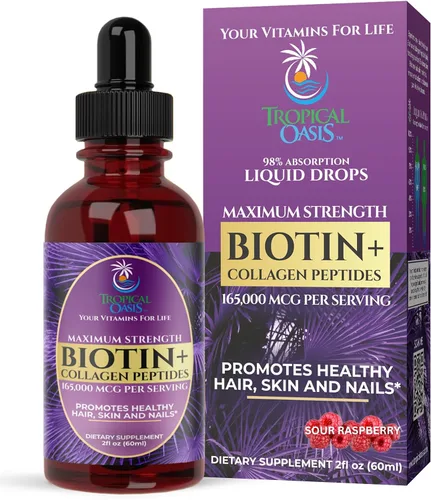 Gotas de biotina líquida y colágeno de máxima potencia, 165,000 mcg, vitaminas para el crecimiento del cabello para mujeres y hombres, apoya un