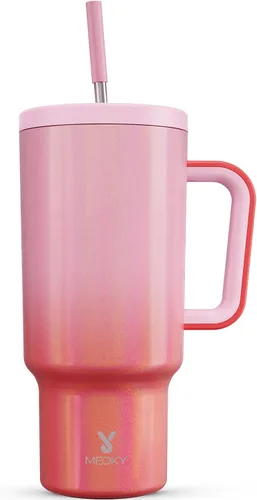 Miniatura 52 de Meoky - Vaso de 30 oz con asa, tapa y pajilla, taza de viaje térmica de acero inoxidable 100% a prueba de fugas, para portavasos, mantiene el frío