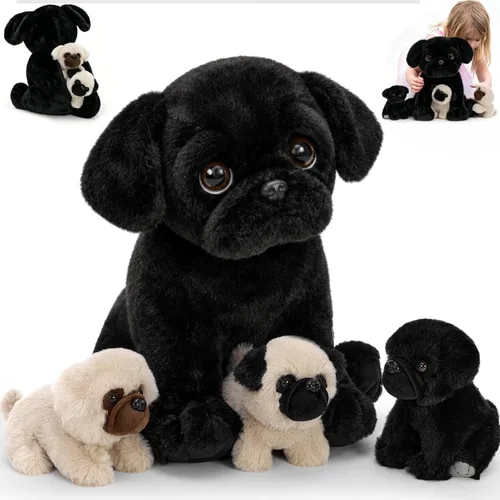 MorisMos Pug Stuffed Animal with Babies Inside, 14" Mommy Stuffed Pug with 3 Baby Puppies, 4Pcs Interactive Soft Cuddly Dog for Kids, Dog Lovers,