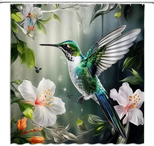 Cortina de ducha de flores de colibrí, acuarela, hojas verdes, pájaros, jardín, naturaleza, paisaje, cortinas de decoración de baño con ganchos, 35