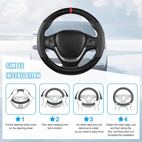 Miniatura 5 de Funda para volante de automóvil, protector de volante de vehículo de fibra de carbono de 14.5 a 15 pulgadas con forro antideslizante, accesorios
