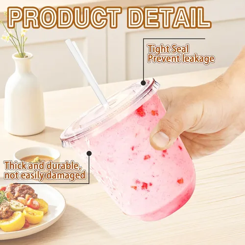 Miniatura 3 de Alaeseje Paquete de 50 vasos de plástico transparente con tapas y popotes, tazas desechables de 12 onzas para café helado, tazas de cristal