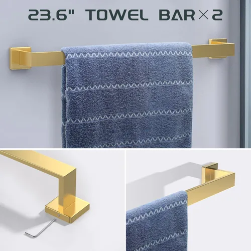 Miniatura 2 de Dorudon atrox Juego de herrajes de baño dorados de 7 piezas con accesorios de baño dorados cepillados - Cuadrado 2 barras para toallas portatoallas