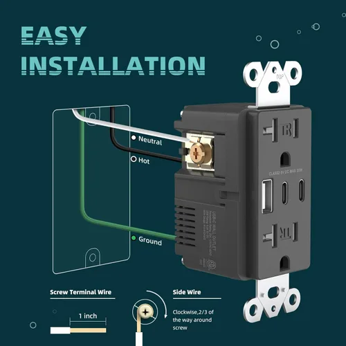 Miniatura 6 de TOPELER - Toma de corriente para montaje en pared con puertos USB 6.0A, dos tomas eléctricas de 20 amperios, tomas y puertos resistentes a la Negro