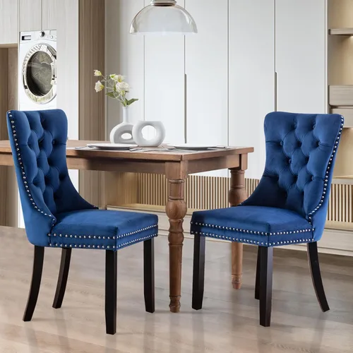 Miniatura 24 de SoarFlash Juego de 2 sillas de comedor de tela de lino, sillas de comedor tapizadas con ribete de cabeza de clavo y patas de madera de color claro