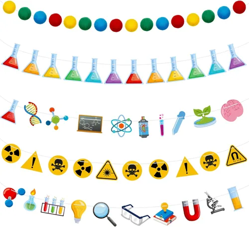 Wettarn - 5 piezas de decoraciones de regreso a clases, pancartas de laboratorio de ciencia, química, laboratorio, fiesta, guirnalda colgante de