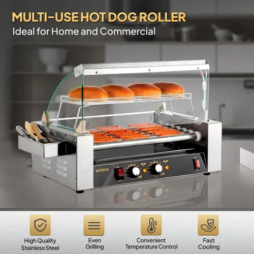 Miniatura 6 de 18 Hot Dog 7 Roller 1050W, máquina de cocina para perros calientes con iluminación LED, control de temperatura doble, cubierta, estante extraíble