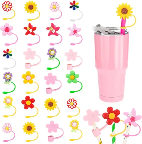 Nuenen 24 fundas de pajilla, de silicona, reutilizables, con diseño de flores de dibujos animados, a prueba de salpicaduras, para popotes de 0.315 a