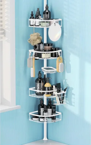 Soporte de tensión para ducha, estante de ducha ajustable de 4 niveles, estante de ducha a prueba de óxido para baño y bañera, con 4 estantes, Blanco