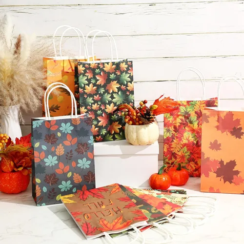 Miniatura 7 de Tenceur 24 bolsas de regalo de otoño de papel kraft a granel, bolsas de regalo naranja, elementos de hoja de arce, bolsas de dulces con asas