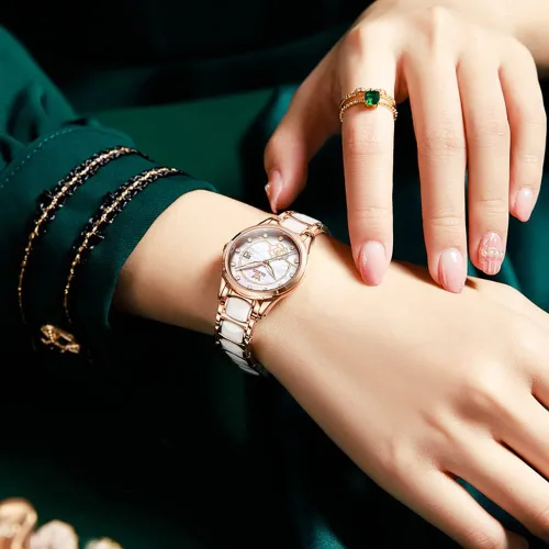 Miniatura 2 de OLEVS Relojes para mujer, oro rosa, de dos tonos, de moda, de cerámica, blanco, esfera rosa, roja, acero inoxidable, fecha impermeable
