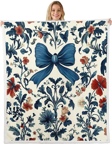 Blue Bow Flannel Blanket All Seasons,Rustic Botanical Flowers Leaves Natural Boho Bed Blanket for Room Decor,Princess Bowknot European Vintage Beige
