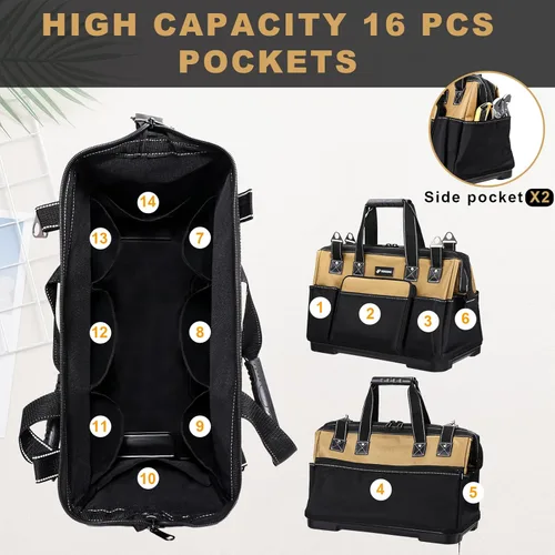 Miniatura 2 de Bolsa de herramientas grande de 20 pulgadas para hombres, resistente, bolsa de taladro, organizador de bolsa de herramientas, boca ancha