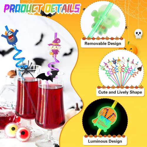 Miniatura 3 de JANYUN - Pajitas luminosas de Halloween, 20 piezas de pajitas de plástico reutilizables y luminosas, suministros para fiesta de Halloween, pajitas