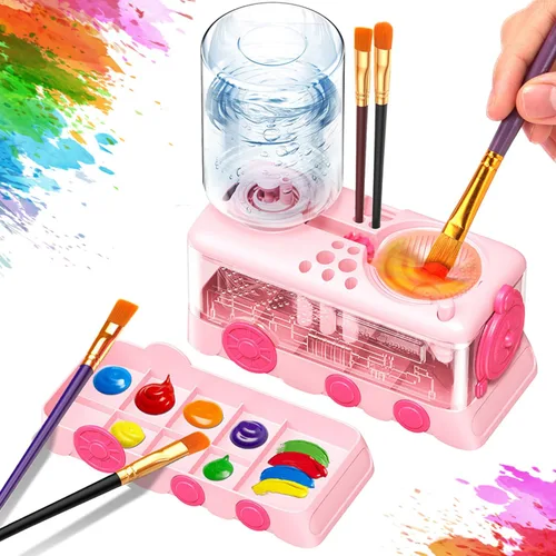 Herramienta limpiadora de pinceles de pintura con bandeja de pintura, suministros de pintura, circulación de agua y soporte para pinceles, Rosa