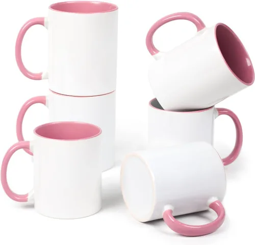 Miniatura 29 de Taza de café de sublimación de cerámica blanca de 11 onzas con colores sólidos en el interior y mango negro, rojo, rosa, azul, verde y amarillo, 6
