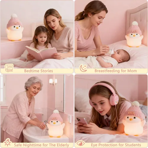 Miniatura 5 de FAMIDUO Luz nocturna de pingüino, bonita lámpara de pingüino rosa con sombrero de punto, luz nocturna de silicona suave para bebé, recargable