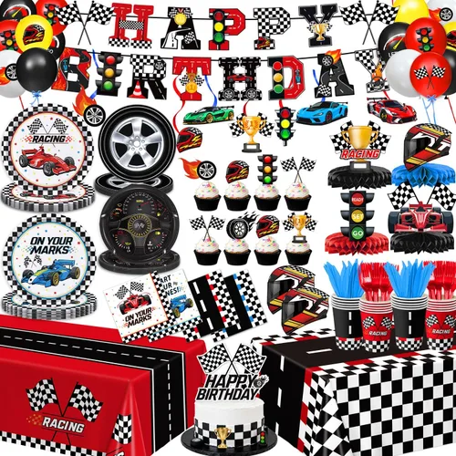 Decoración de fiesta de cumpleaños de autos de carreras, decoraciones de cumpleaños de autos: platos, servilletas, vasos, pancarta, remolinos