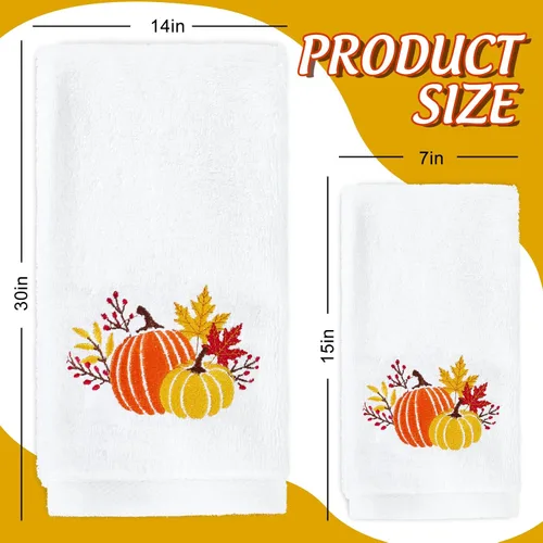 Miniatura 2 de AnyDesign Juego de 2 toallas de mano con diseño de calabaza, algodón bordado, hojas de arce, para otoño, Acción de Gracias, baño, secado a mano