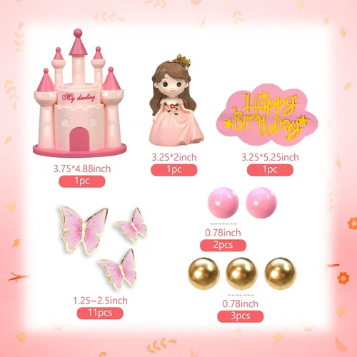 Miniatura 2 de 19 piezas Decoración de pastel de princesa con castillo, mariposas y bolas para suministros de cumpleaños de princesa (rosa)
