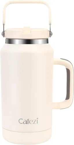 Miniatura 24 de Vaso de 30 onzas con tapa y pajita, vasos de acero inoxidable con aislamiento al vacío con pajita plegable y asa superior, botella de agua aislada