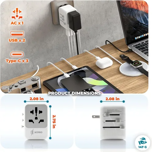 Miniatura 8 de Adaptador de viaje universal 6 en 1-10A Adaptador de corriente internacional con 3 puertos USB C, 2 puertos USB A Cargador portátil rápido