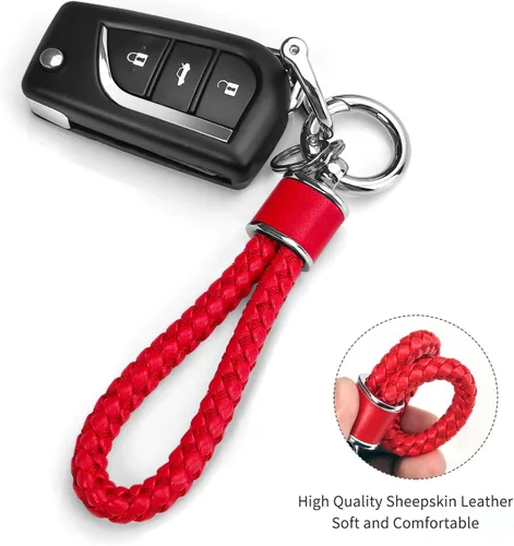 Miniatura 3 de Tukellen Llavero de tejido de cuero para automóvil, llavero de regalo para mujer, con anillo en D giratorio de 360 grados y destornillador, Rojo