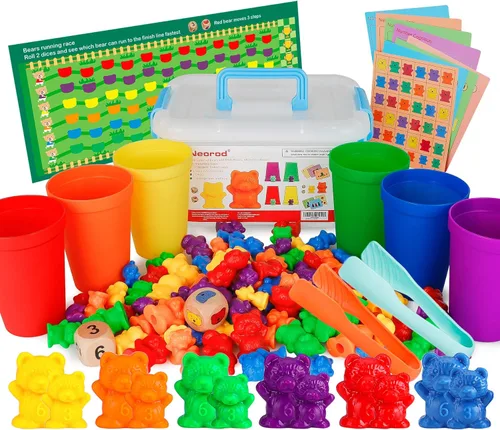 NEOROD Juego de 90 juguetes de aprendizaje de matemáticas de osos para contar arcoíris, clasificación de colores y aprendizaje de matemáticas, juego