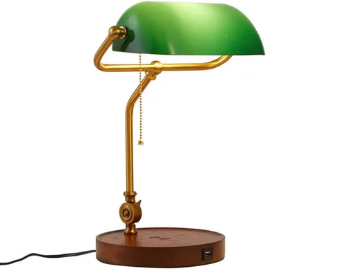 Hsyile KU300237 Lámpara de mesa retro con interruptor de cuerda con puertos de carga USB, con pantalla de cristal retro verde para sala de estar y