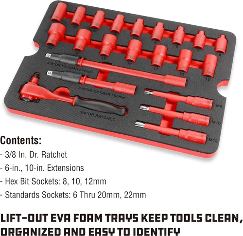 Miniatura 3 de Powerbuilt Juego de herramientas VDE para electricistas aislados de 50 piezas de 1000 V con estuche impermeable, 3/8 pulgadas Dr. Ratchet, 16 piezas