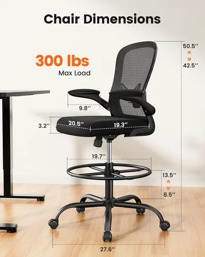 Miniatura 2 de ErGear Silla de dibujo, silla de escritorio de pie con reposabrazos abatibles, silla de escritorio alta altura ajustable, silla de oficina alta Negro