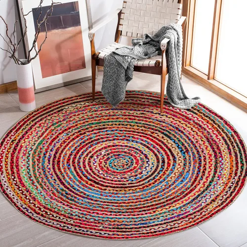 Miniatura 5 de Alfombra redonda de yute tejida a mano de 3 pies - Alfombras bohemias coloridas para sala de estar - Alfombra bohemia multicolor trenzada a mano