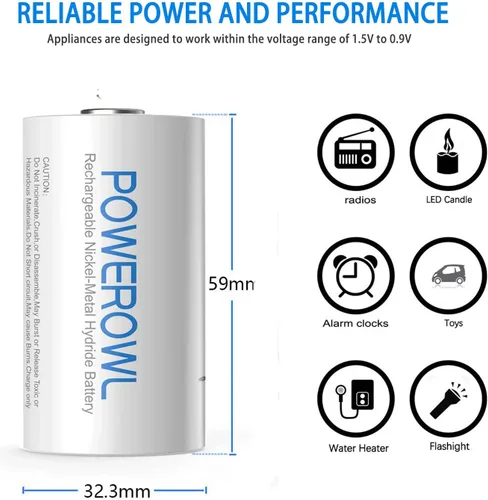 Miniatura 3 de POWEROWL Baterías recargables D con cargador de batería de 4 bahías, carga rápida USB, para baterías recargables AA AAA C D Ni-MH Ni-CD -4