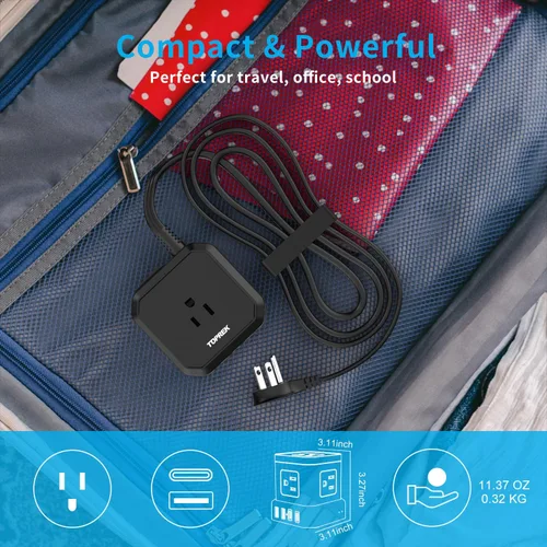 Miniatura 6 de TOPREK Regleta de alimentación con USB, USB C (3.0 A) con 5 tomas, 2 USB-C y 2 USB-A, cable de extensión plano de 5 pies con enchufe plano Negro-5FT