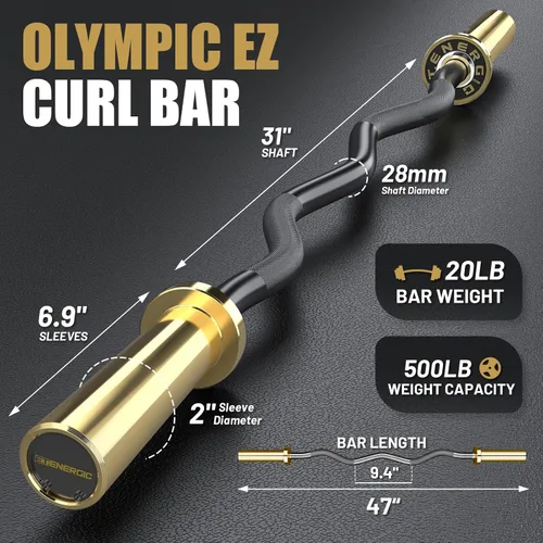 Miniatura 2 de Barra olímpica EZ Curl de 47 pulgadas, barra de acero de 500 libras de capacidad, adecuada para placas de peso de 2 pulgadas, barra de rizo de 2 Oro