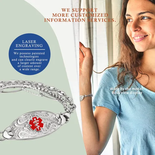 Miniatura 5 de Pulseras de alerta médica elegantes personalizadas para mujer con grabado gratis, pulsera de identificación de emergencia personalizada