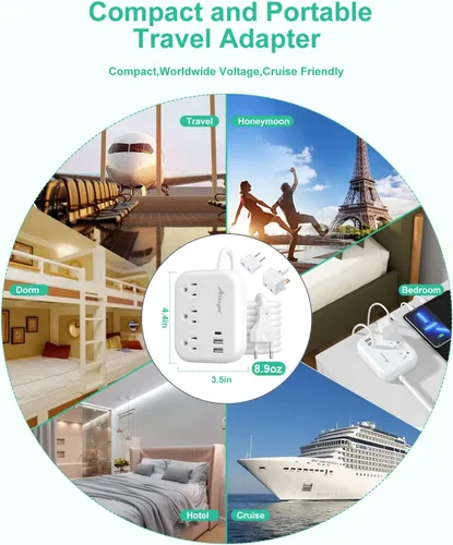 Miniatura 7 de Alitayee - Adaptador de enchufe de viaje europeo, regleta de alimentación de viaje UE/Reino Unido y EE. UU. con 3 tomacorrientes, 3 puertos USB