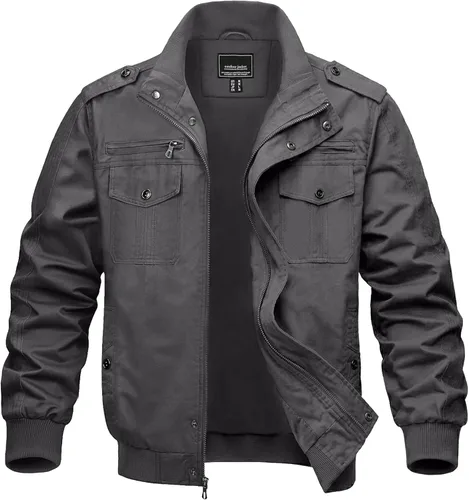 Miniatura 8 de MAGNIVIT Chaqueta cortavientos militar ligera para hombre con cuello parado, cierre frontal, 7 bolsillos - Algodón Negro