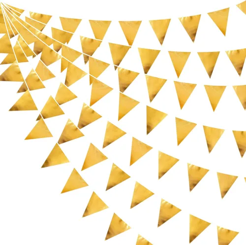 Miniatura 77 de Decoración de fiesta iridiscente de 33 pies, tela holográfica, banderín triangular, banderín de algodón, guirnalda de banderines para cumpleaños