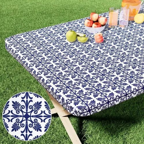 Miniatura 25 de Misaya - Mantel de vinilo rectangular, mantel elástico con respaldo de franela, 100% impermeable, cubierta de plástico para mesas plegables de 4