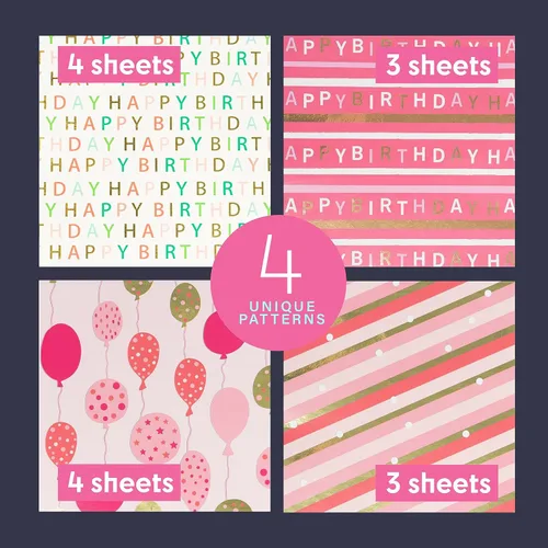 Miniatura 3 de Plum Designs Hojas de papel de regalo – papel de regalo de feliz cumpleaños para niñas, papel de regalo divertido para niñas, 14 hojas de papel
